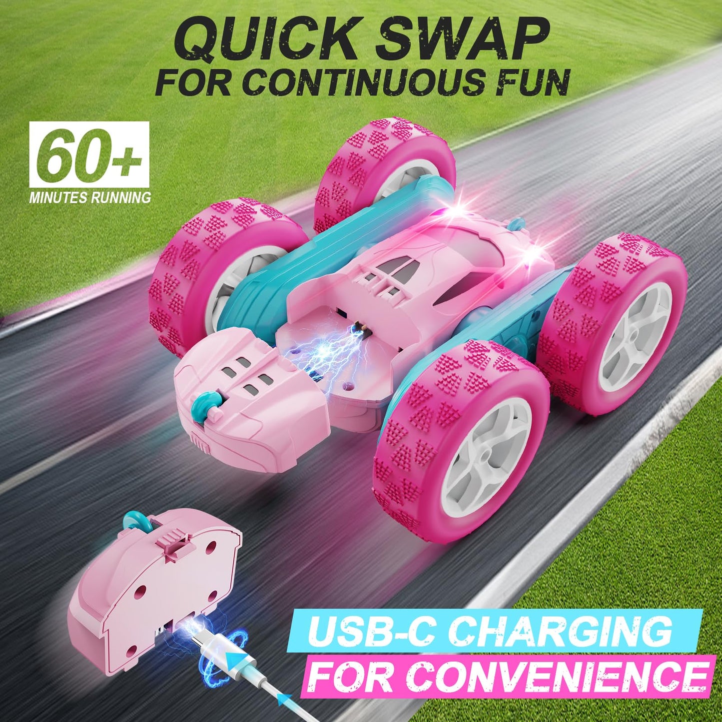 Remote Control Car, RC Cars Toys for Kids Ages 6-12, 4WD Stunt Car with LED Lights & 360° Flips, 2.4GHz, Upgraded USB-C Modular Batteries, 8-10 Year Old Boys Birthday Gift 1-Blue
