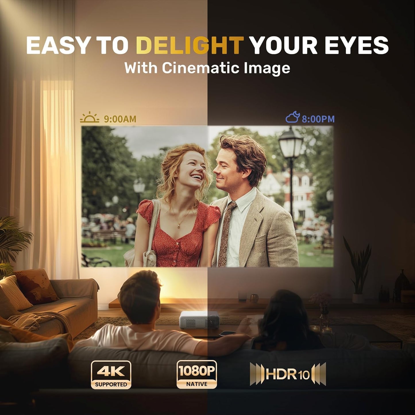 Aurzen EAZZE D1 Smart Projector with WiFi and Bluetooth, Officially-Licensed APP, Auto Focus/Keystone, DoIby Audio 16W Speakers, Native 1080P, HDR10, 4K Support, Portable Mini Outdoor Movie Projector