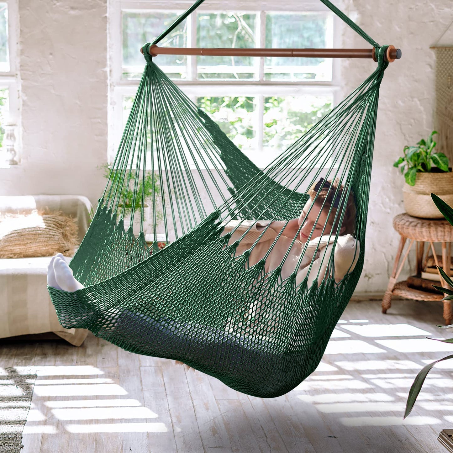 Upgraded Caribbean Hammock Chair with Detachable Metal Bar, Large Hammock Swing Chair, XL Rope Hanging Chair for Outdoor Indoor, 330 LBS Weight Capacity, Burlywood