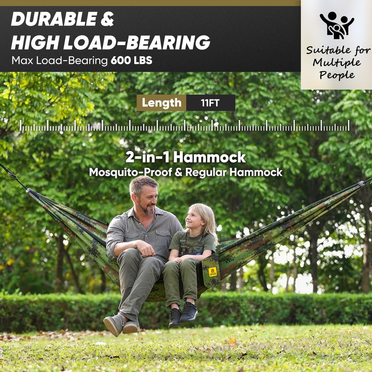 Camping Hammock with Mosquito Net, 600 lbs Portable Hammock with Tree Straps, 2-in-1 Double/Single Travel Hammock Tent for Outside/Indoor/Backpacking/Beach - Black & Grey