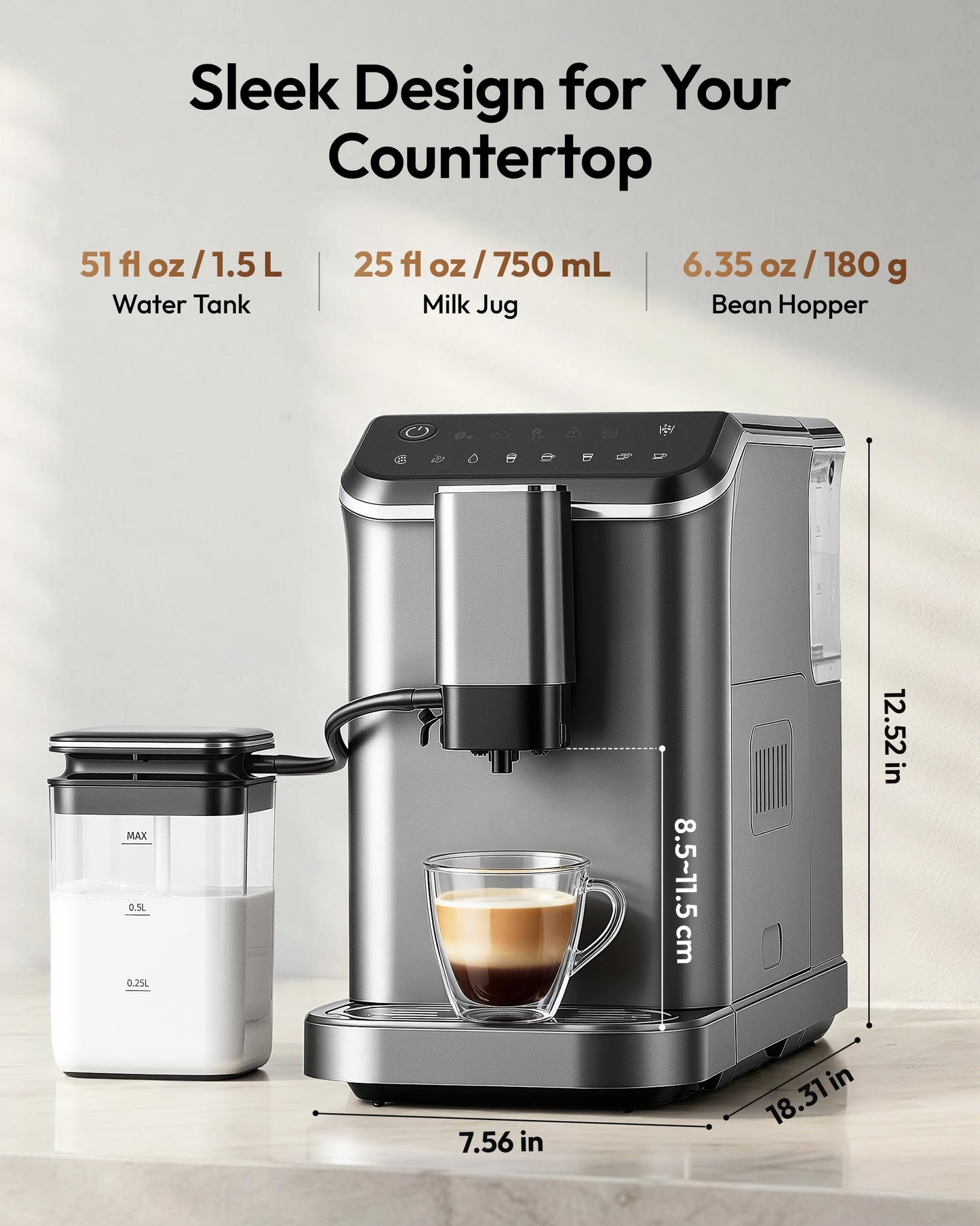 EUHOMY Fully Automatic Espresso Machine, 20 Bar Coffee Maker with Grinder and Integrated Milk Frother, Automatic Espresso Machine with Touch Screen, 15-Grind Settings Coffee Machine for Home, Silver