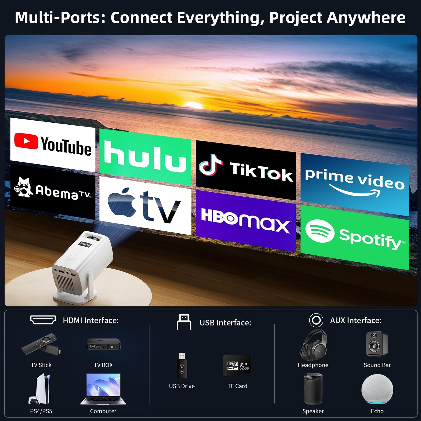 Mini Projector, Portable Projector 4K & Full HD 1080P Support, 270° Rotation Outdoor Projector, Movie Projector Compatible with Smartphone, TV Stick, Laptop, PS4, HDMI, USB (No WiFi or Bluetooth)