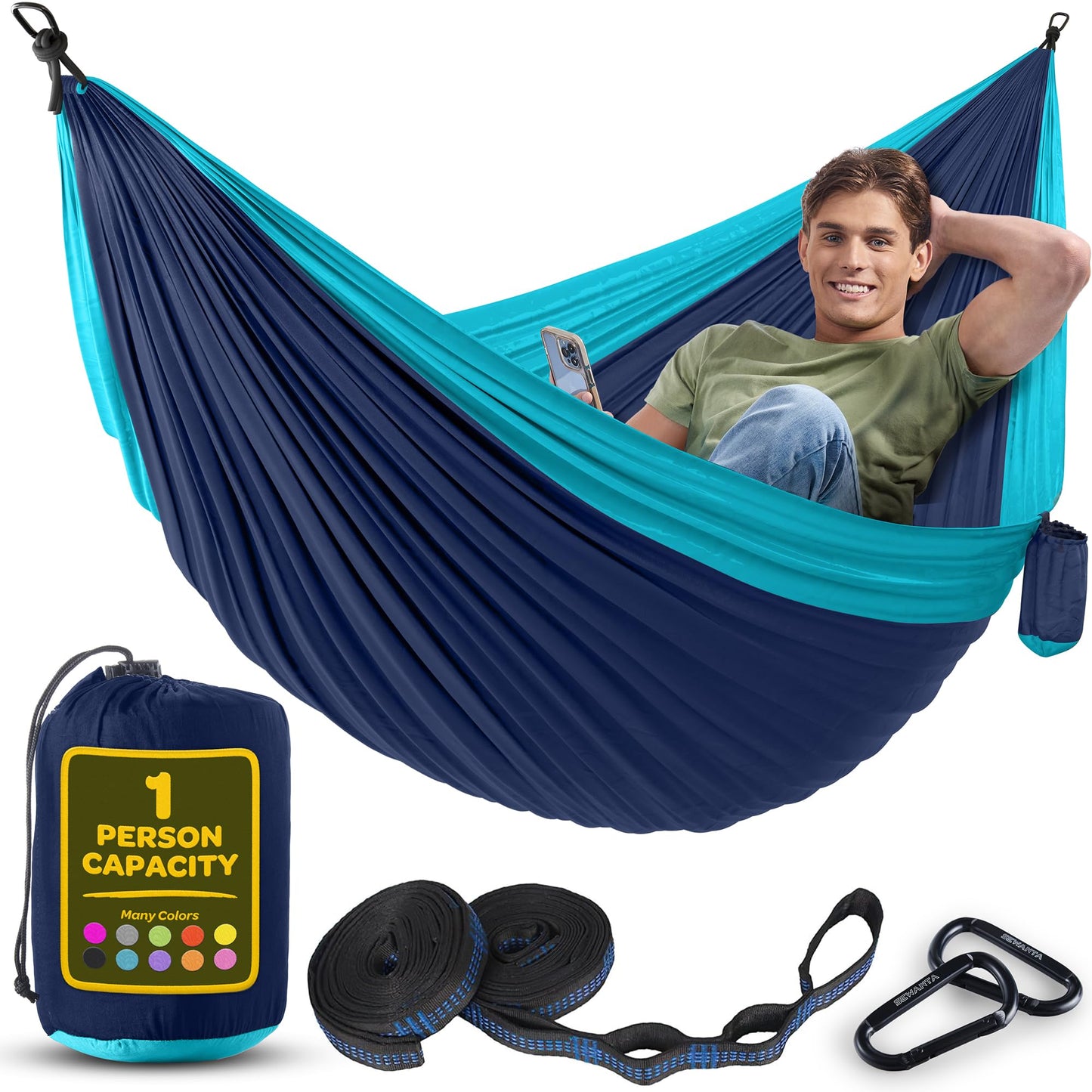 Durable Hammock 400 lb Capacity, Nylon Camping Hammock Chair - Double or Single Sizes w/Tree Straps and Attached Carry Bag - Portable for Travel/Backpacking/Beach/Backyard (Medium, Blue & Light Blue)