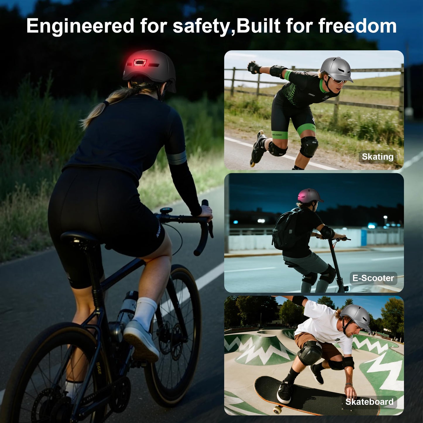 Bike Helmet Adult Men/Women-USB Rechargeable Rear Light CPSC/ASTM Certified 2 Removable Liners Adjustable Lightweight Baseball Cap Style for Youth Road&Mountain Biking Skating Scooter