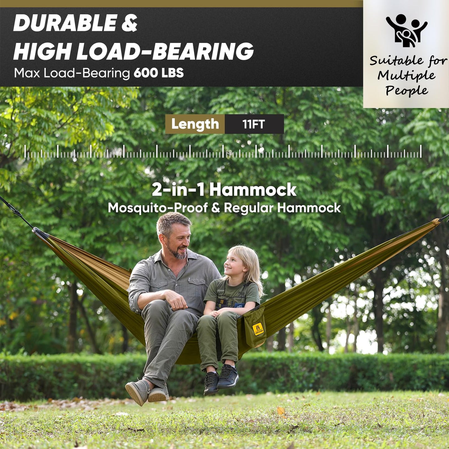 Camping Hammock with Mosquito Net, 600 lbs Portable Hammock with Tree Straps, 2-in-1 Double/Single Travel Hammock Tent for Outside/Indoor/Backpacking/Beach - Black & Grey