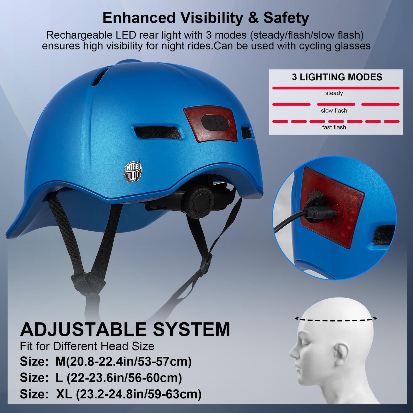 Bike Helmet Adult Men/Women-USB Rechargeable Rear Light CPSC/ASTM Certified 2 Removable Liners Adjustable Lightweight Baseball Cap Style for Youth Road&Mountain Biking Skating Scooter