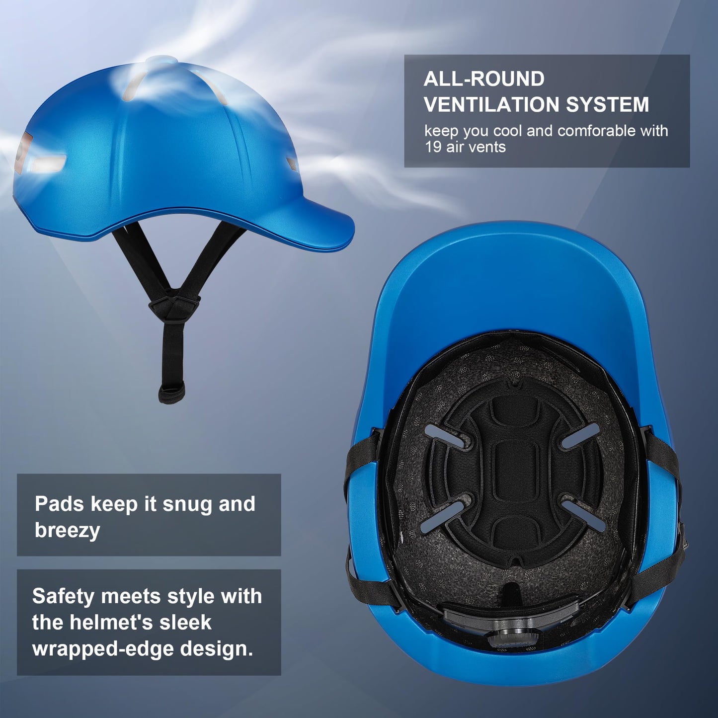 Bike Helmet Adult Men/Women-USB Rechargeable Rear Light CPSC/ASTM Certified 2 Removable Liners Adjustable Lightweight Baseball Cap Style for Youth Road&Mountain Biking Skating Scooter