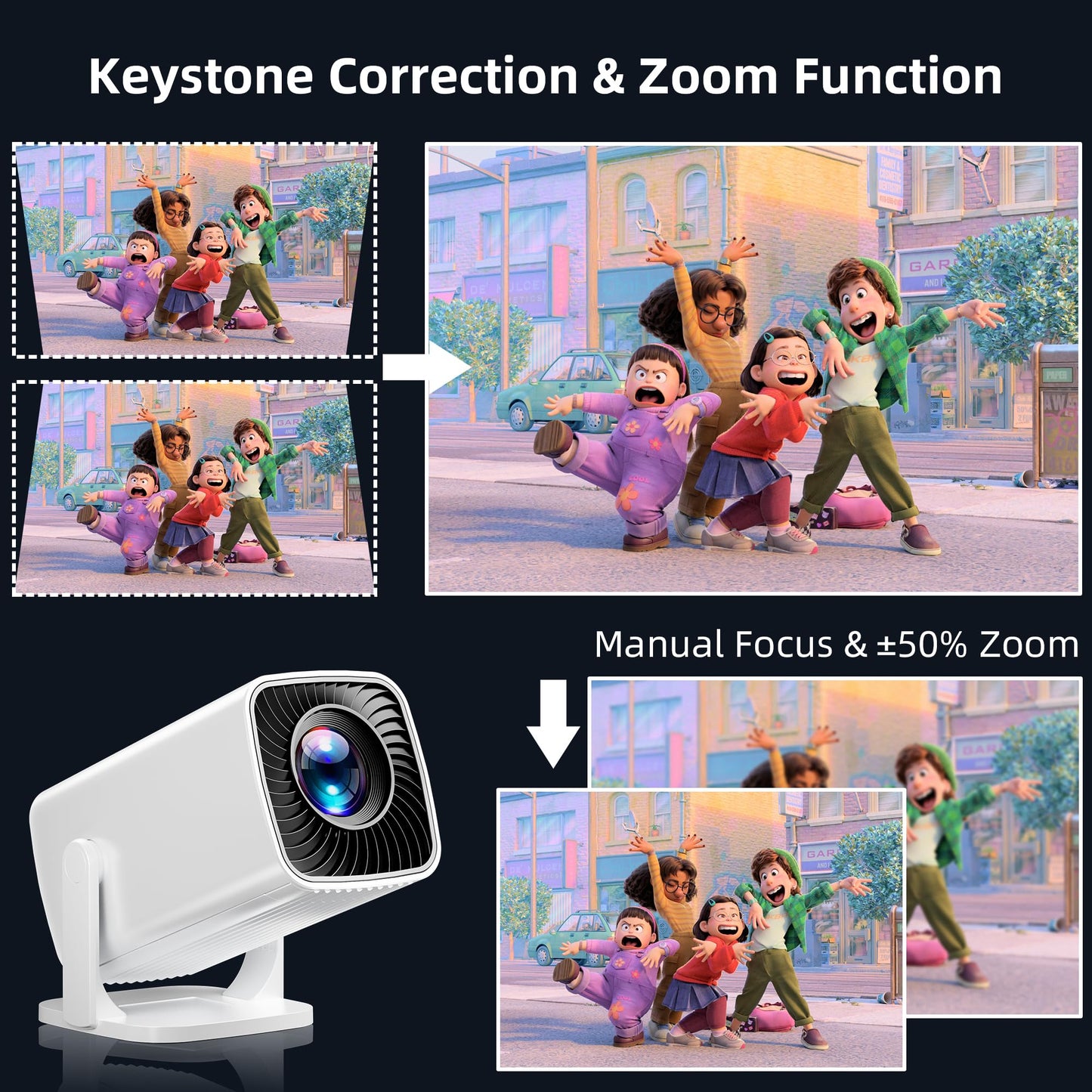 Mini Projector, Portable Projector 4K & Full HD 1080P Support, 270° Rotation Outdoor Projector, Movie Projector Compatible with Smartphone, TV Stick, Laptop, PS4, HDMI, USB (No WiFi or Bluetooth)