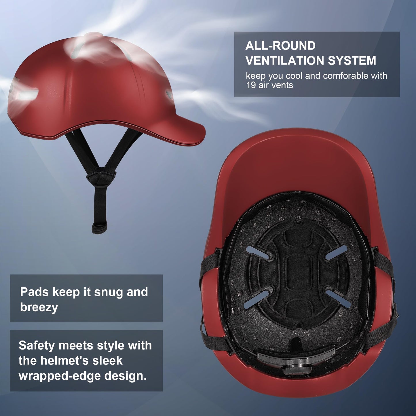 Bike Helmet Adult Men/Women-USB Rechargeable Rear Light CPSC/ASTM Certified 2 Removable Liners Adjustable Lightweight Baseball Cap Style for Youth Road&Mountain Biking Skating Scooter