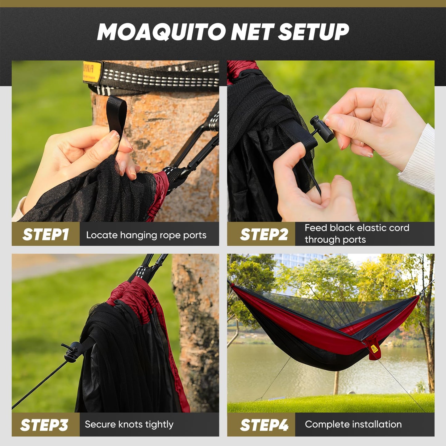 Camping Hammock with Mosquito Net, 600 lbs Portable Hammock with Tree Straps, 2-in-1 Double/Single Travel Hammock Tent for Outside/Indoor/Backpacking/Beach - Black & Grey