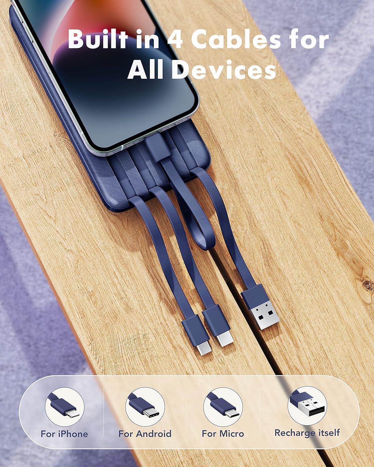 charmast Portable Charger with Built in Cables, Power Bank with Cords Wires, Slim 10000mAh Travel Battery Pack 6 Outputs 3 Inputs 6A Fast Charging for Samsung Google Pixel LG Moto iPhone iPad