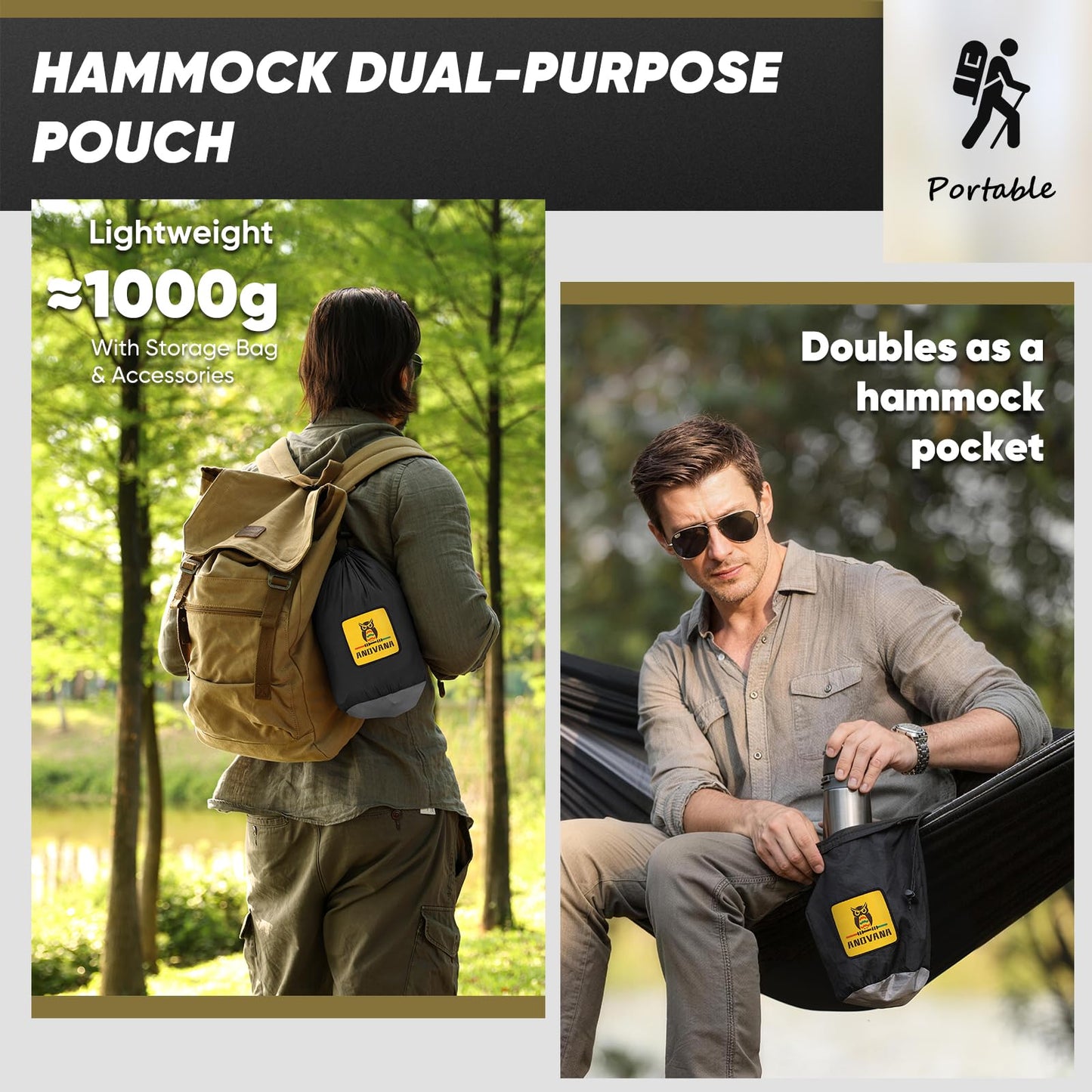 Camping Hammock with Mosquito Net, 600 lbs Portable Hammock with Tree Straps, 2-in-1 Double/Single Travel Hammock Tent for Outside/Indoor/Backpacking/Beach - Black & Grey