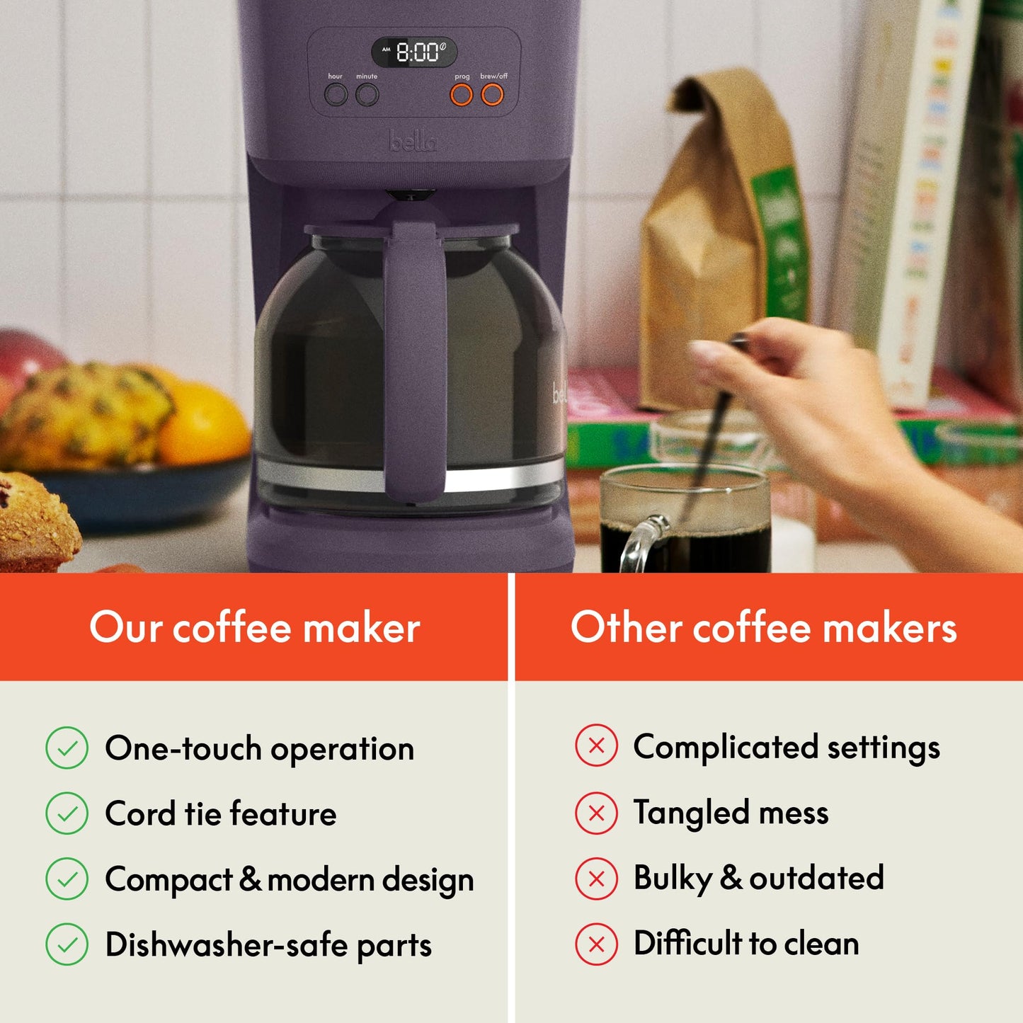 BELLA 12 Cup Programmable Coffee Marker, Reusable Dishwasher Safe Accessories, Easy LCD diaply, Auto Shutoff, 900 watt, Oatmilk