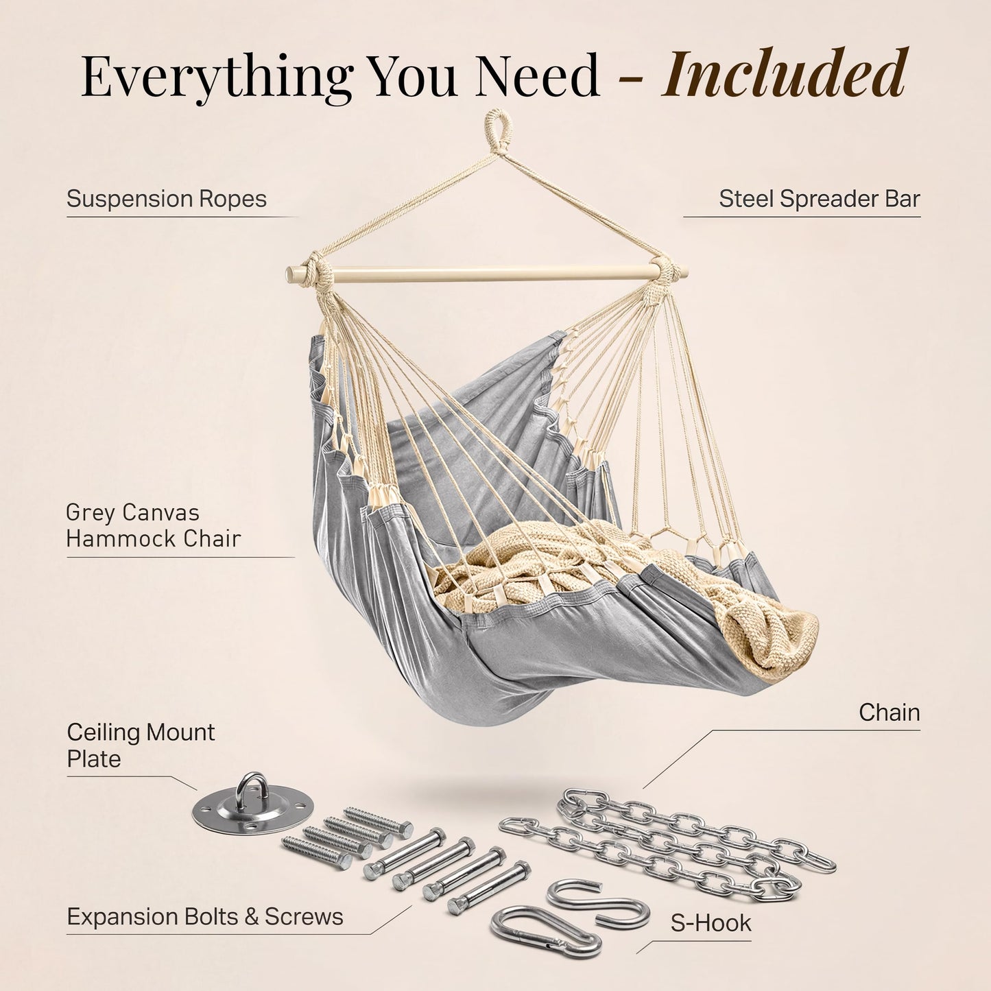 Hanging Hammock Chair Swing – Hanging Chair Outdoor & Indoor - Hammock Swing Chair – Quick & Easy Setup with Hardware Kit – Durable & Spacious Full Body Support – Holds 440 Lbs