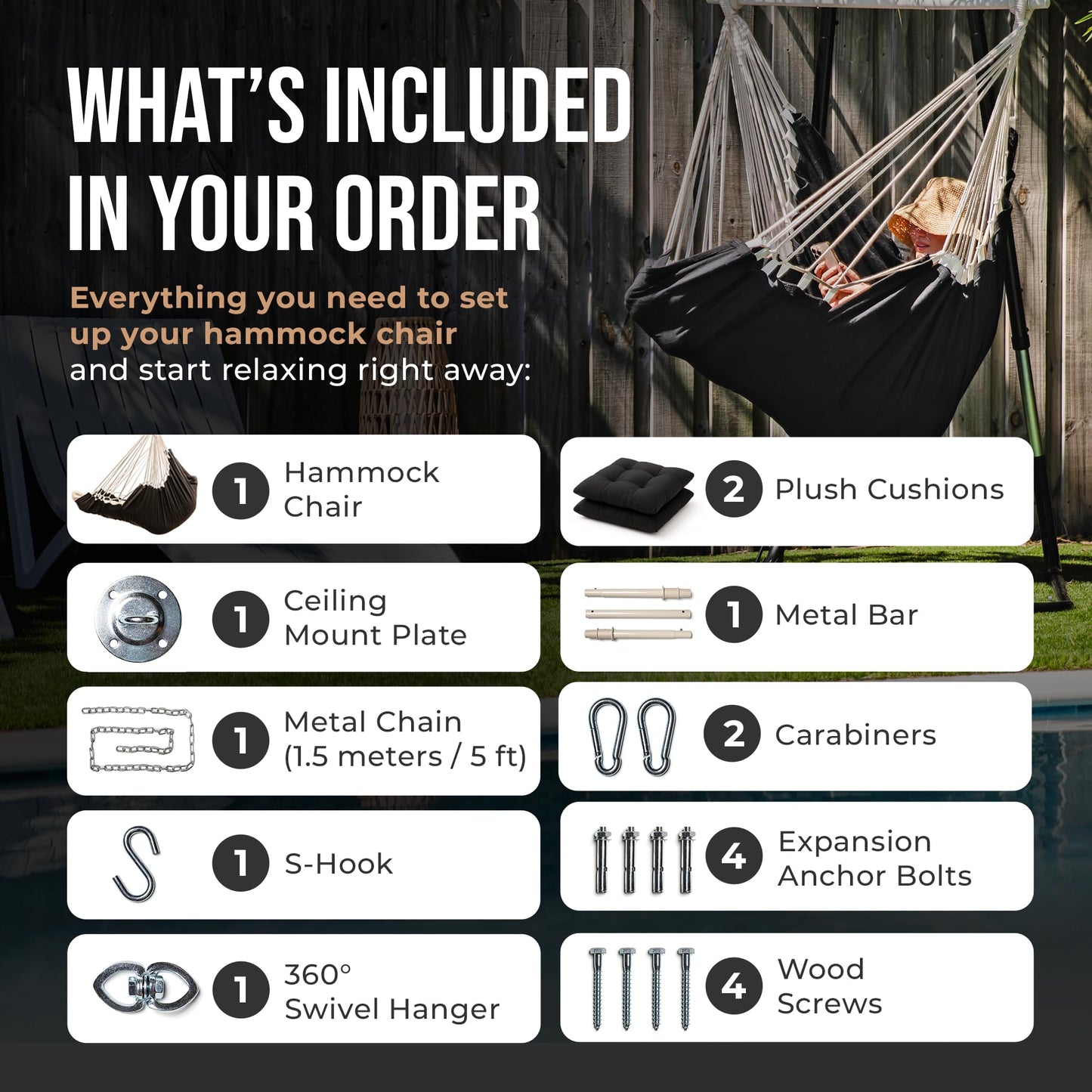 Hanging Hammock Chair Swing – Hanging Chair Outdoor & Indoor - Hammock Swing Chair – Quick & Easy Setup with Hardware Kit – Durable & Spacious Full Body Support – Holds 440 Lbs