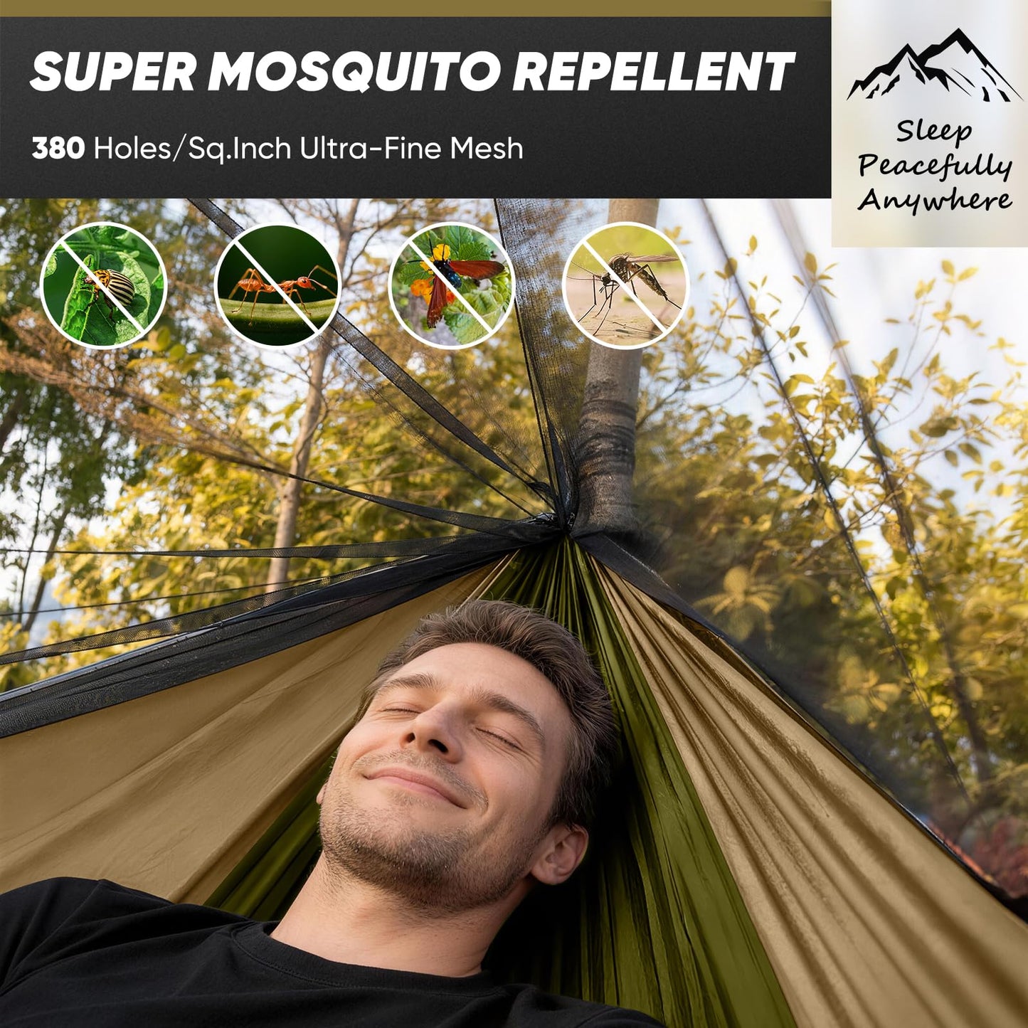 Camping Hammock with Mosquito Net, 600 lbs Portable Hammock with Tree Straps, 2-in-1 Double/Single Travel Hammock Tent for Outside/Indoor/Backpacking/Beach - Black & Grey