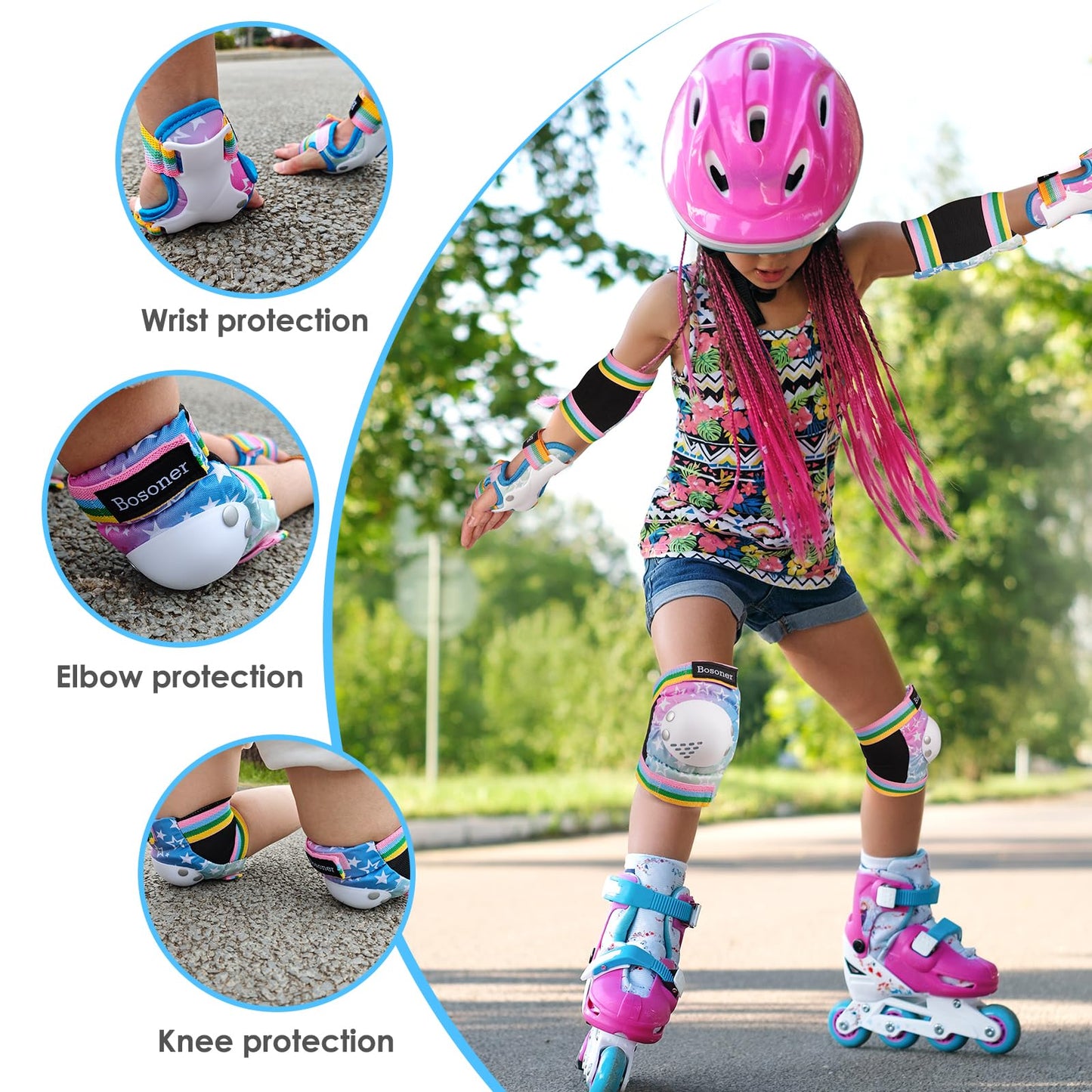BOSONER Kids/Youth Knee Pad Elbow Pads for Roller Skates Cycling BMX Bike Skateboard Inline Rollerblading, Skating Skatings Scooter Riding Sports