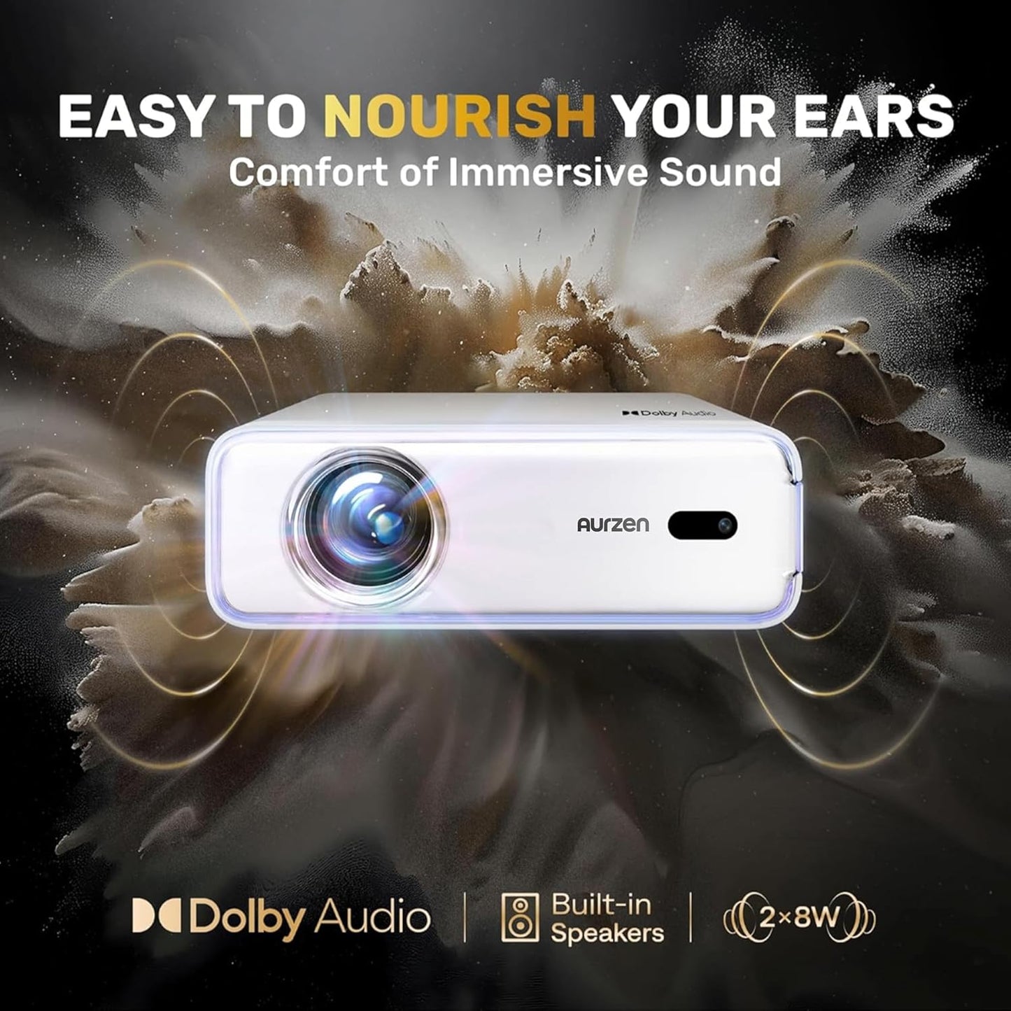 Aurzen EAZZE D1 Smart Projector with WiFi and Bluetooth, Officially-Licensed APP, Auto Focus/Keystone, DoIby Audio 16W Speakers, Native 1080P, HDR10, 4K Support, Portable Mini Outdoor Movie Projector