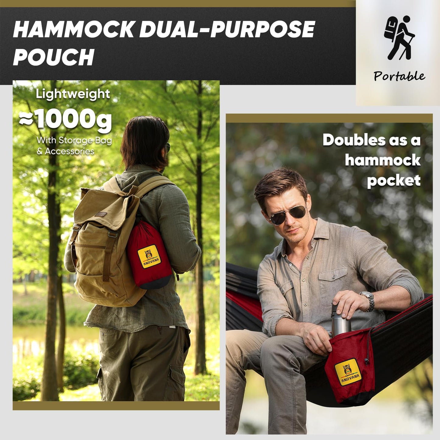 Camping Hammock with Mosquito Net, 600 lbs Portable Hammock with Tree Straps, 2-in-1 Double/Single Travel Hammock Tent for Outside/Indoor/Backpacking/Beach - Black & Grey