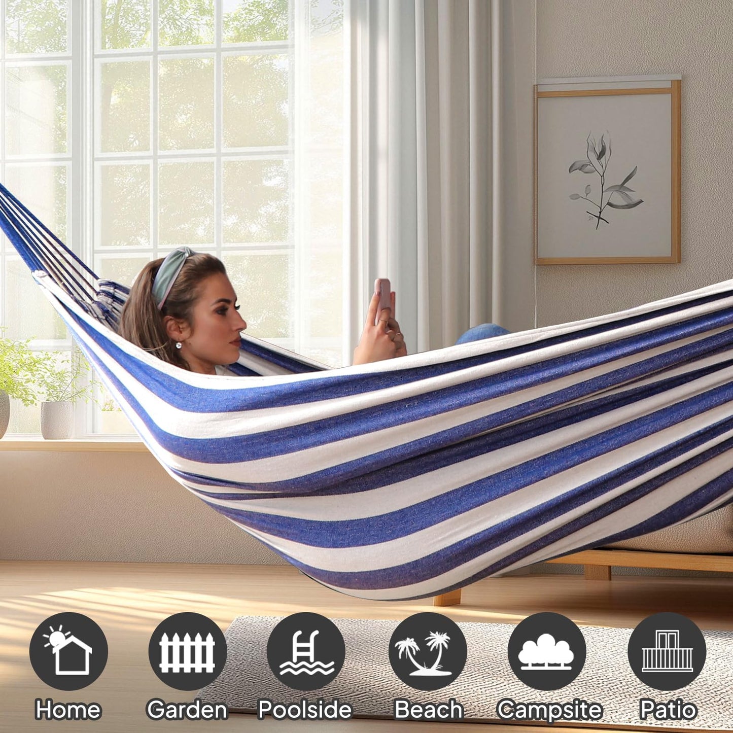 ANYOO Cotton Hammock Portable Camping Hammocks for Hanging Sturdy Garden Comfortable Fabric Hammock with Tree Straps Up to 660lbs with Travel Bag for Camping Outdoor/Indoor Patio Backyard