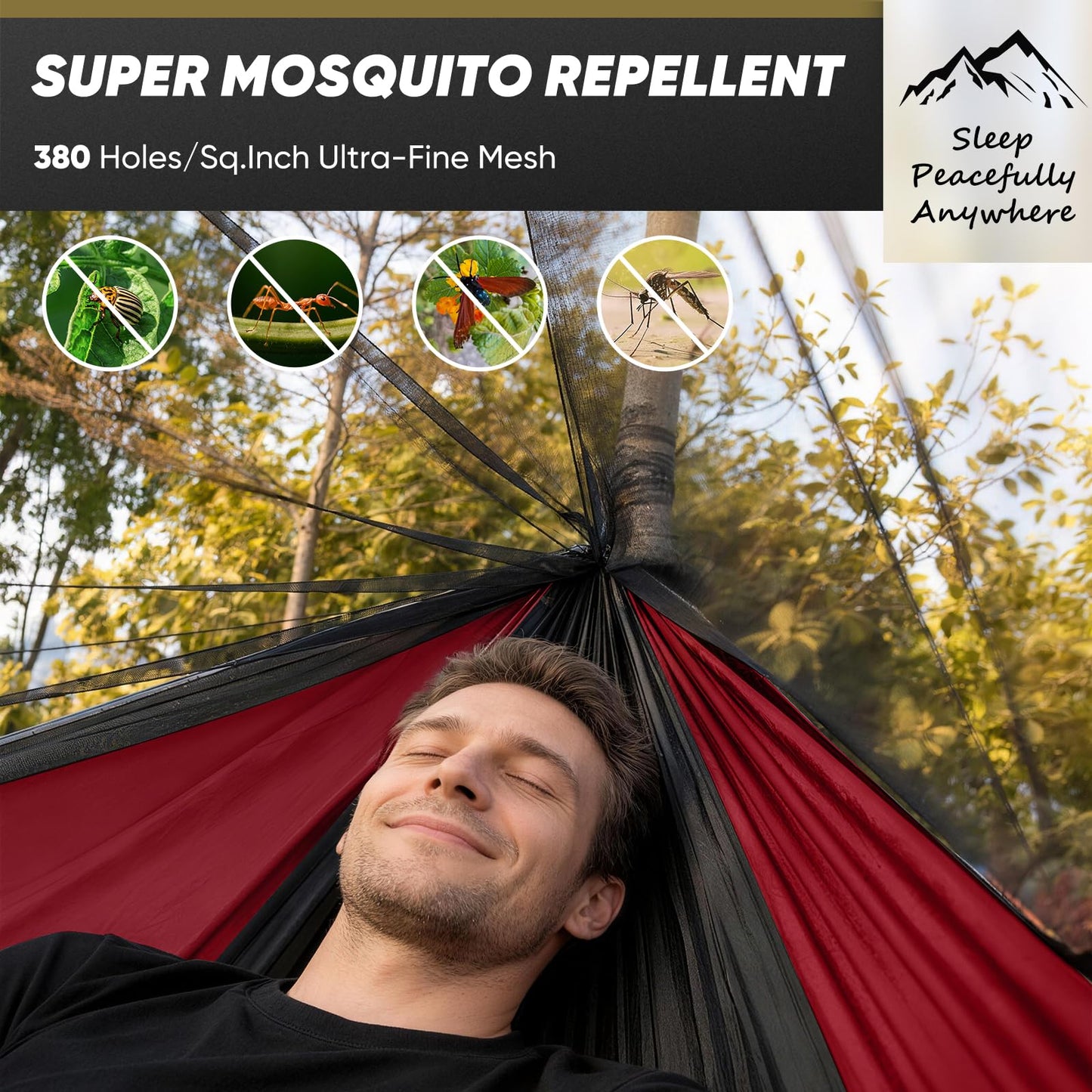 Camping Hammock with Mosquito Net, 600 lbs Portable Hammock with Tree Straps, 2-in-1 Double/Single Travel Hammock Tent for Outside/Indoor/Backpacking/Beach - Black & Grey