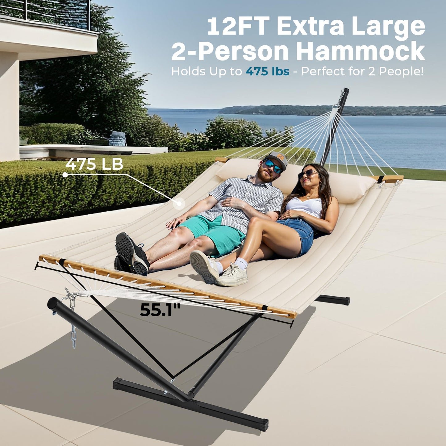 SUPERJARE Hammock with Stand, 2 Person Quilted Outdoor Hammock, Detachable Pillow & Bamboo Spreaders, Portable Hammock with Carrying Bag, Heavy Duty Stand, Perfect for Outside, Patio, Navy Blue