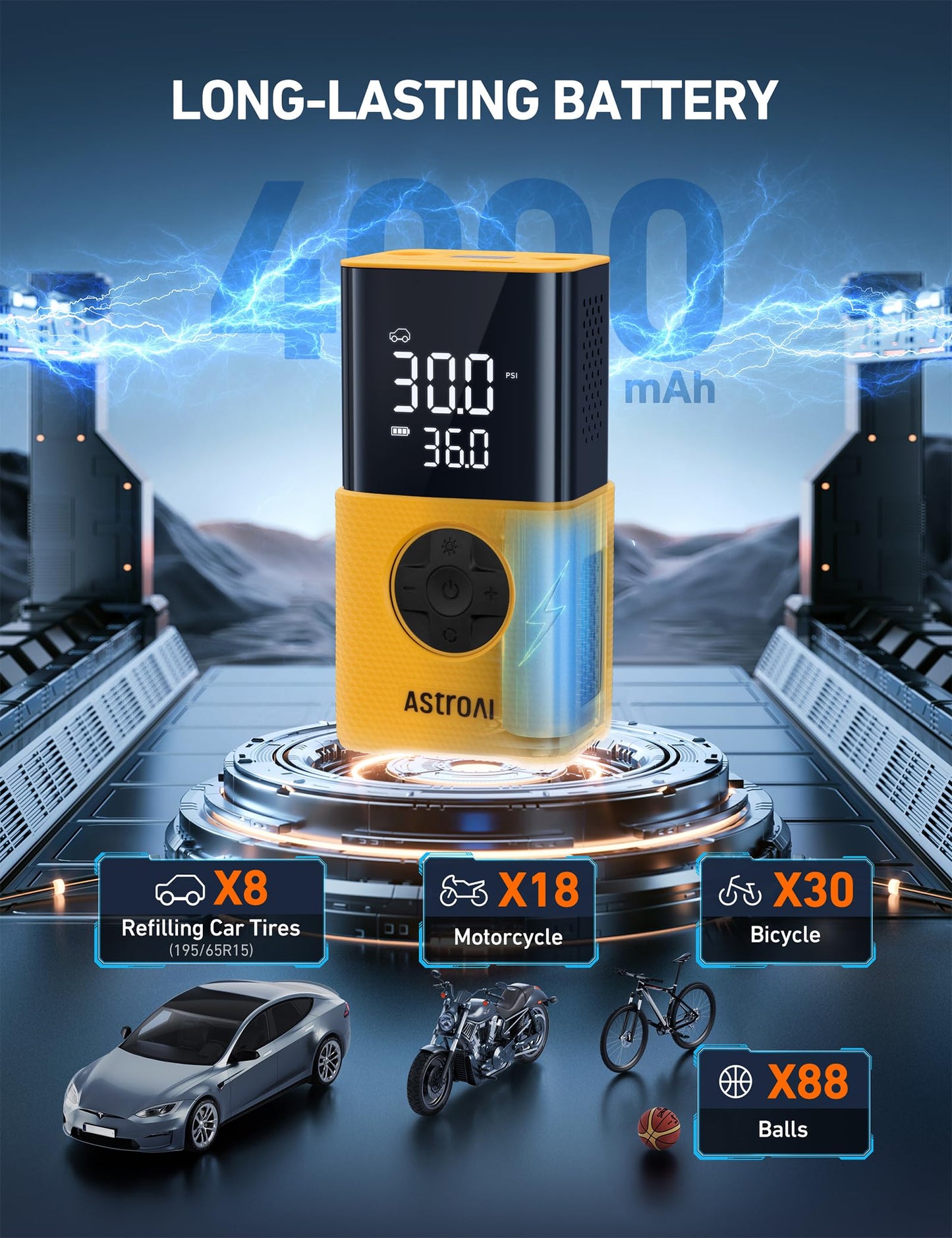 AstroAI L7 Tire Inflator Portable Air Compressor Cordless Mini Bike Pump with Digital Dual Values Display, 150 PSI Car Tires Air Pump with LED Lights&Pressure Gauge for Auto, Motorcycles, Bikes, Balls