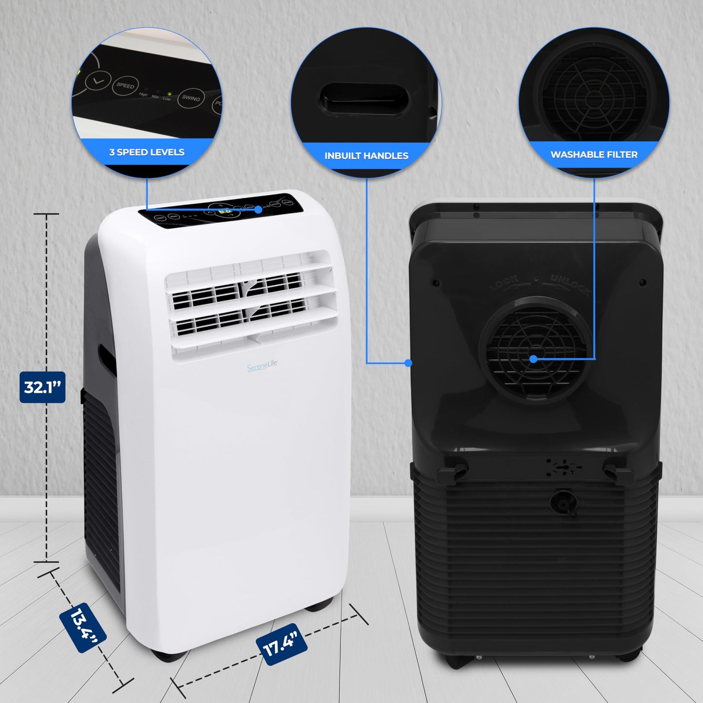 SereneLife 3-in-1 Portable Air Conditioner with Built-in Dehumidifier Function,Fan Mode, Remote Control, Complete Window Mount Exhaust Kit