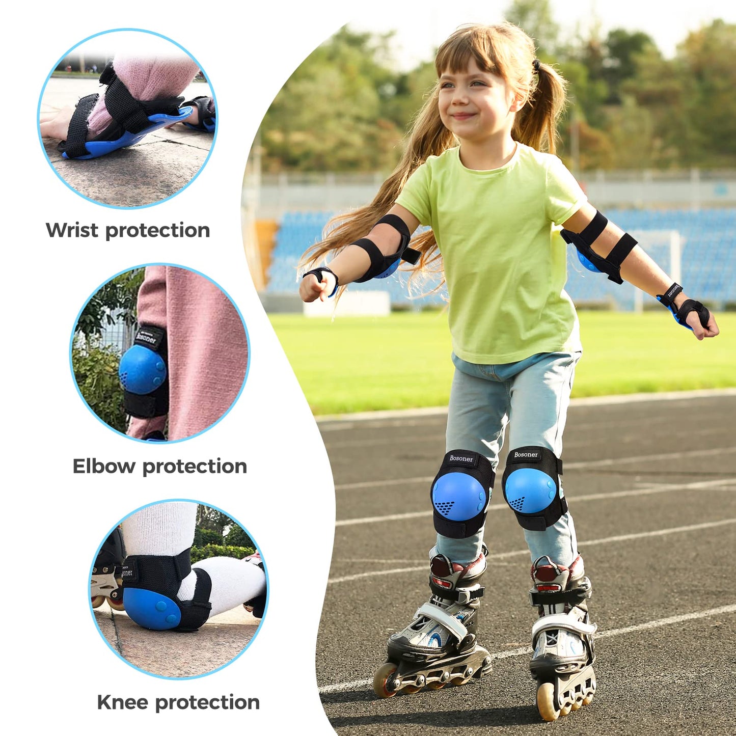 BOSONER Kids/Youth Knee Pad Elbow Pads for Roller Skates Cycling BMX Bike Skateboard Inline Rollerblading, Skating Skatings Scooter Riding Sports