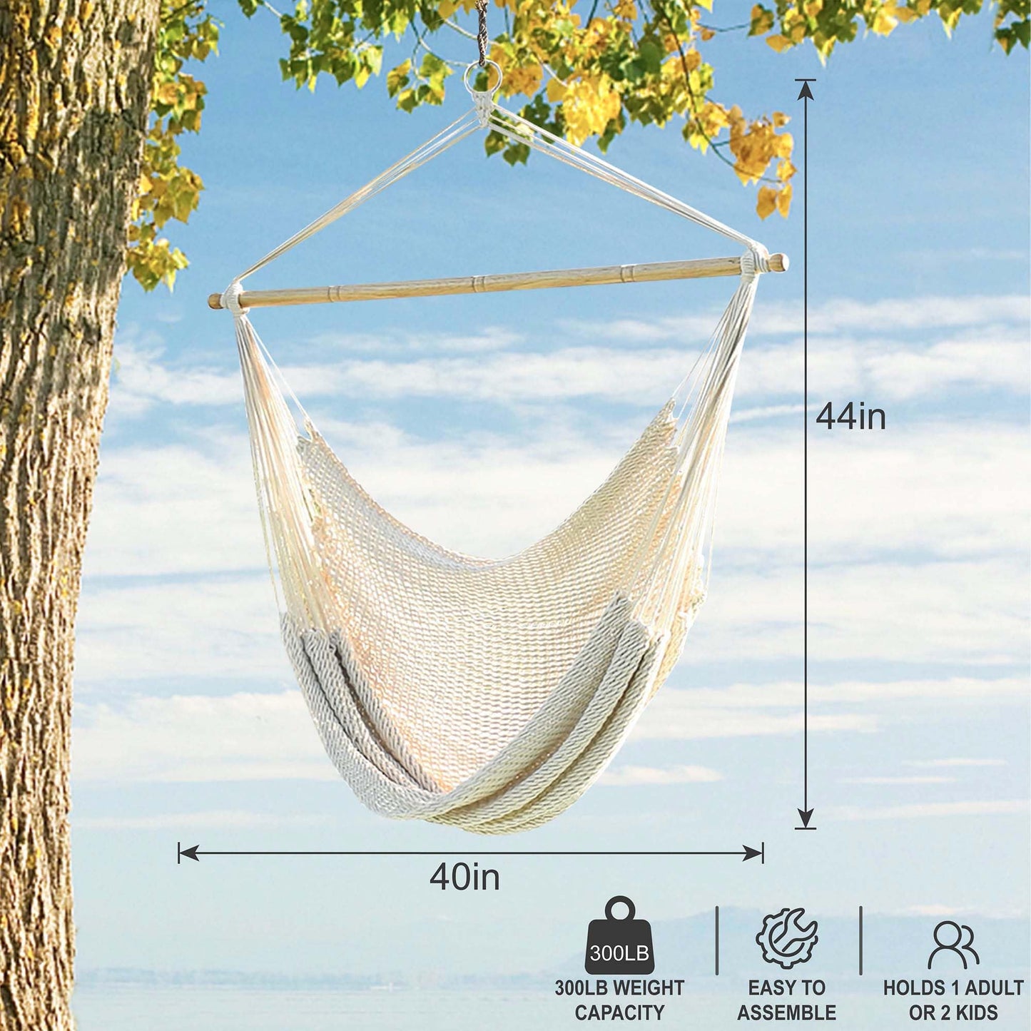 Lazy Daze Hammocks Chair Caribbean Hanging Rope Weaving Chair with 40" Hardwood Spreader Bar and Soft-Spun Cotton Rope for Indoor/Outdoor Backyard & Living Room, Max 300 LBS, Natural