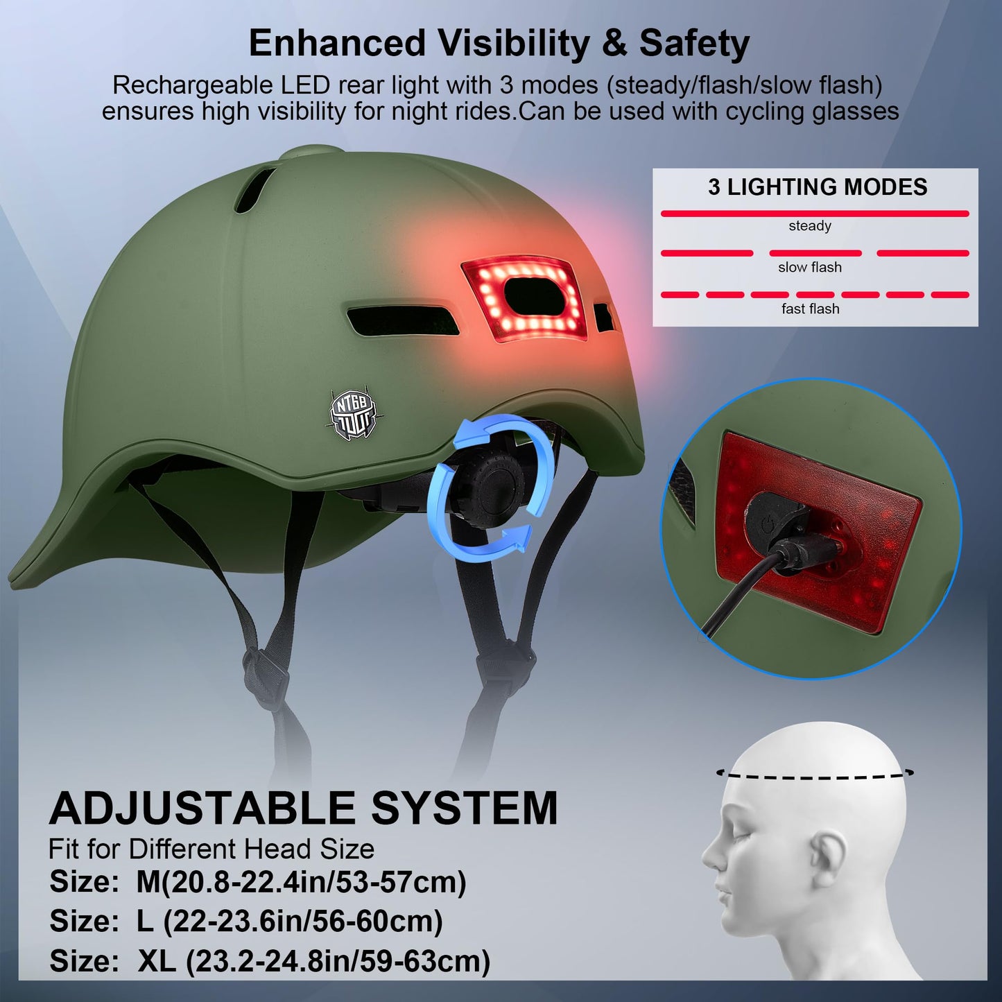 Bike Helmet Adult Men/Women-USB Rechargeable Rear Light CPSC/ASTM Certified 2 Removable Liners Adjustable Lightweight Baseball Cap Style for Youth Road&Mountain Biking Skating Scooter
