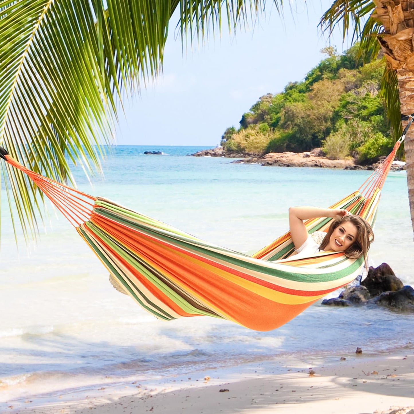 ANYOO Cotton Hammock Portable Camping Hammocks for Hanging Sturdy Garden Comfortable Fabric Hammock with Tree Straps Up to 660lbs with Travel Bag for Camping Outdoor/Indoor Patio Backyard