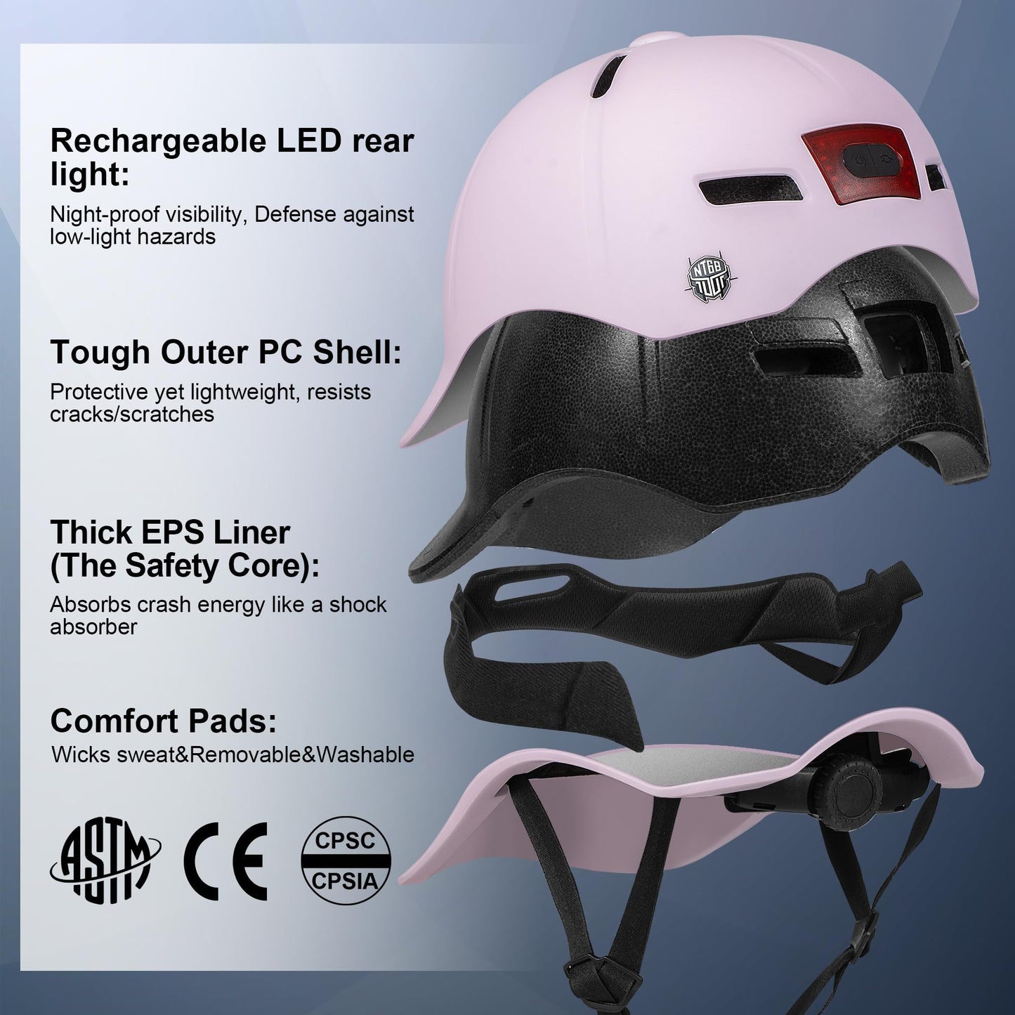 Bike Helmet Adult Men/Women-USB Rechargeable Rear Light CPSC/ASTM Certified 2 Removable Liners Adjustable Lightweight Baseball Cap Style for Youth Road&Mountain Biking Skating Scooter