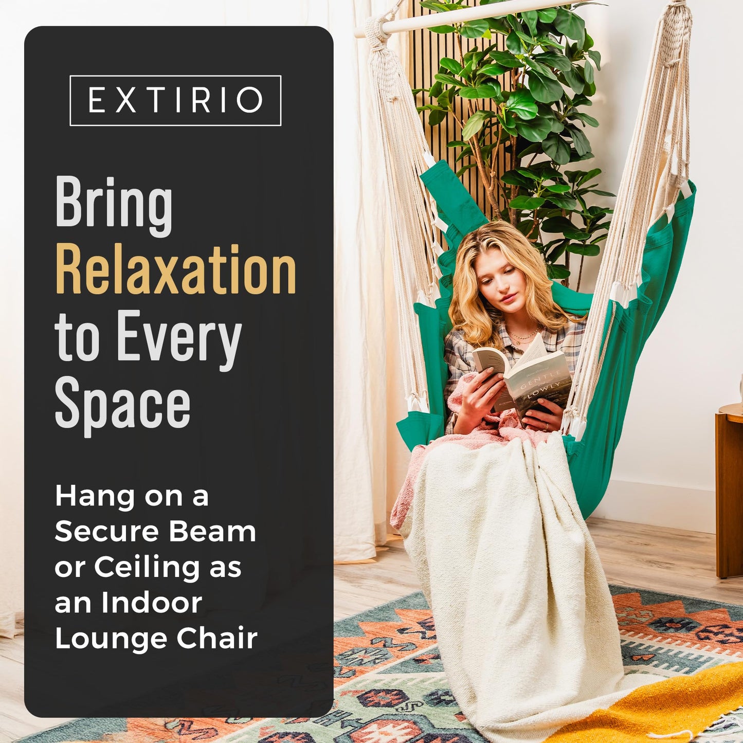 Hanging Hammock Chair Swing – Hanging Chair Outdoor & Indoor - Hammock Swing Chair – Quick & Easy Setup with Hardware Kit – Durable & Spacious Full Body Support – Holds 440 Lbs