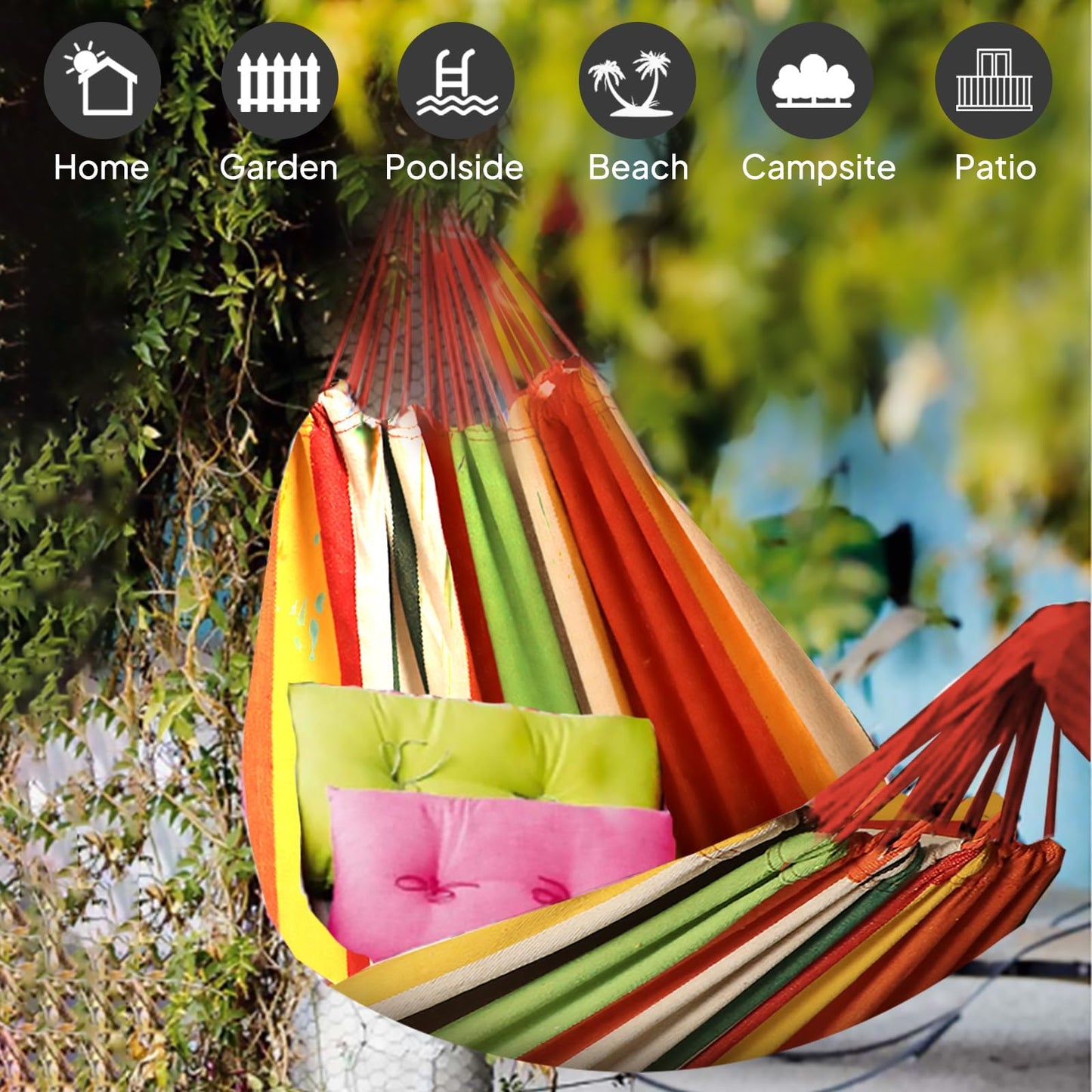 ANYOO Cotton Hammock Portable Camping Hammocks for Hanging Sturdy Garden Comfortable Fabric Hammock with Tree Straps Up to 660lbs with Travel Bag for Camping Outdoor/Indoor Patio Backyard