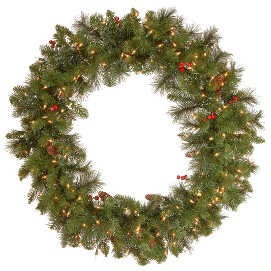 National Tree Company Pre-Lit Artificial Christmas Wreath, Green, Crestwood Spruce, White Lights, Decorated with Pine Cones, Berry Clusters, Frosted Branches, Christmas Collection, 24 Inches