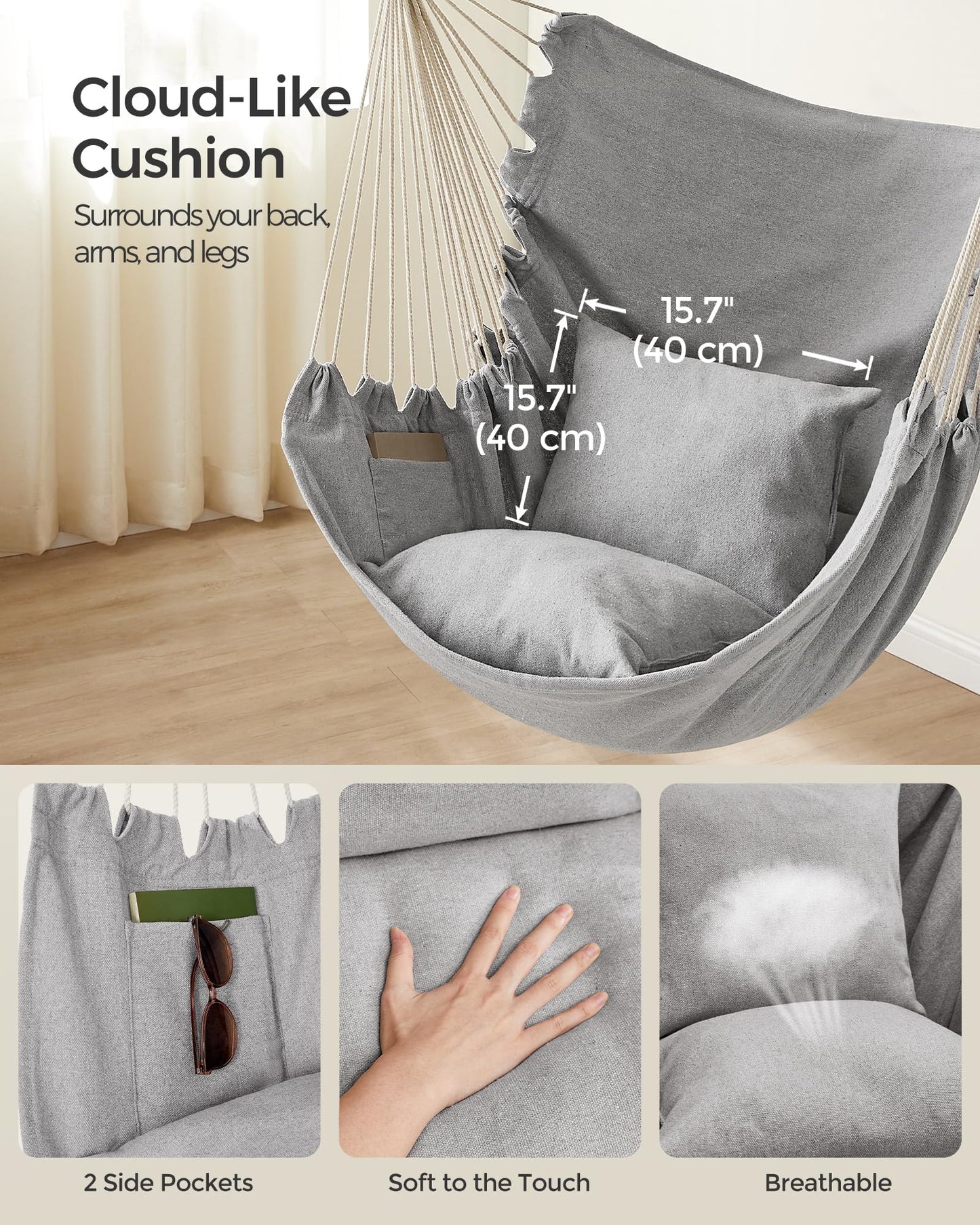 SONGMICS Hammock Chair, Load Capacity 500 lb, Hanging Chair with 2 Cushions, Large Hammock Swing with Chain and Pocket, for Indoor, Outdoor, Living Room, Bedroom, Slate Gray UGDC197G02