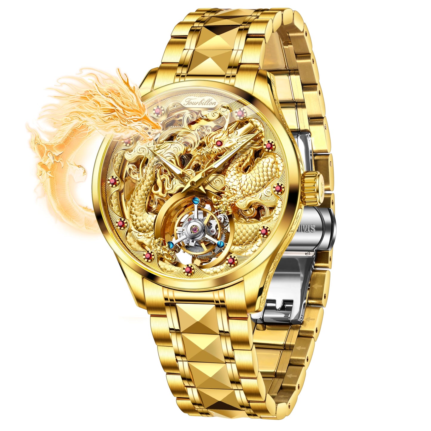 OUPINKE Men Skeleton Watch Automatic Mechanical Luxury Dress Waterproof Tourbillion Sapphire Crystal Wrist Watches for Men