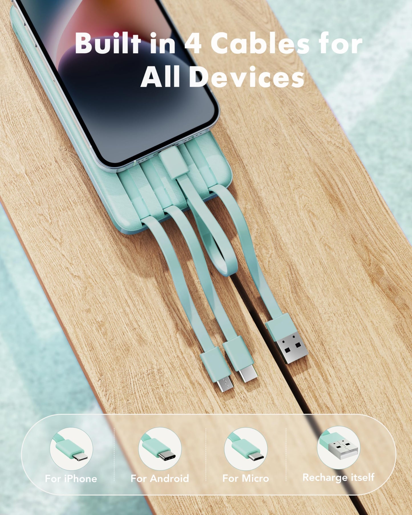 charmast Portable Charger with Built in Cables, Power Bank with Cords Wires, Slim 10000mAh Travel Battery Pack 6 Outputs 3 Inputs 6A Fast Charging for Samsung Google Pixel LG Moto iPhone iPad