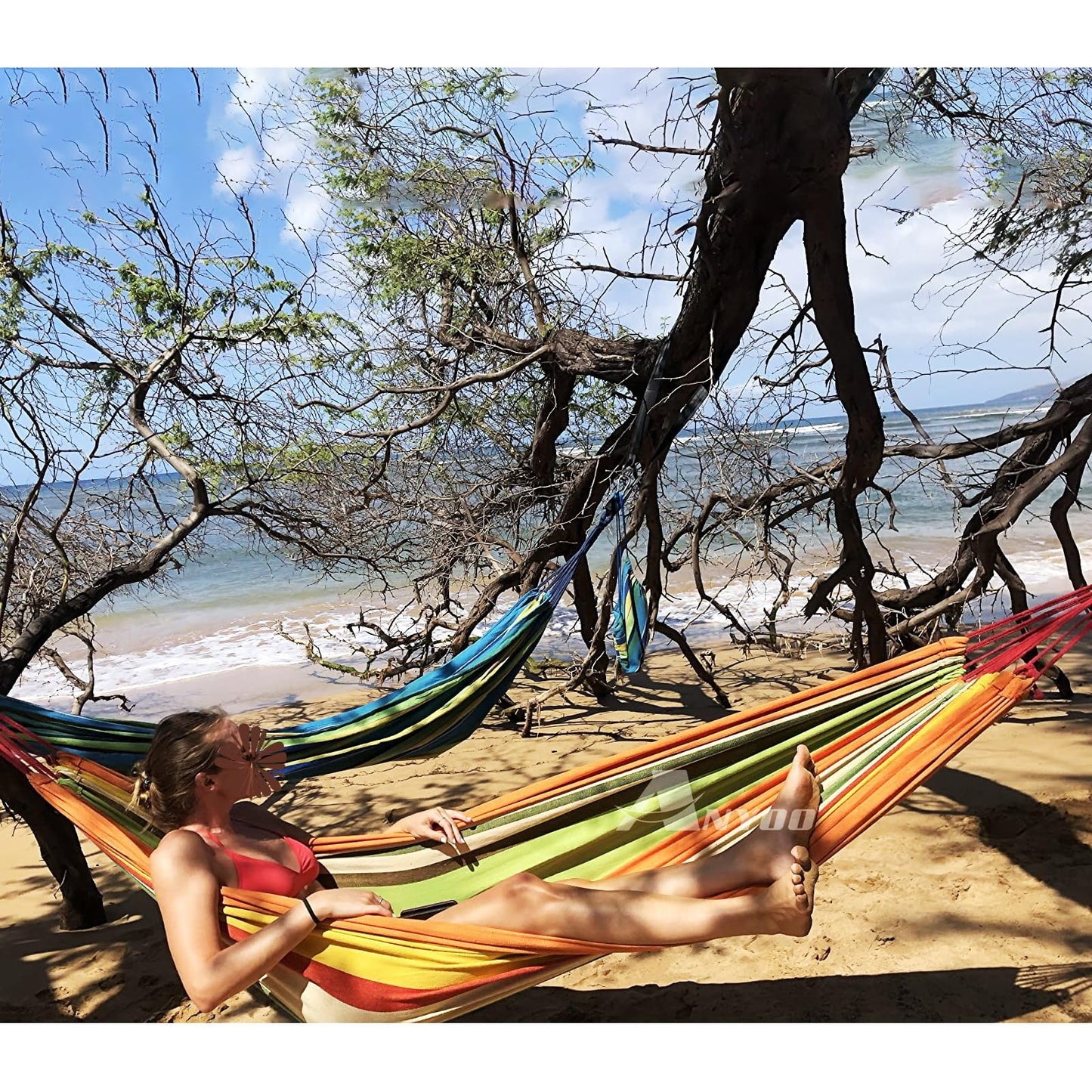 ANYOO Cotton Hammock Portable Camping Hammocks for Hanging Sturdy Garden Comfortable Fabric Hammock with Tree Straps Up to 660lbs with Travel Bag for Camping Outdoor/Indoor Patio Backyard